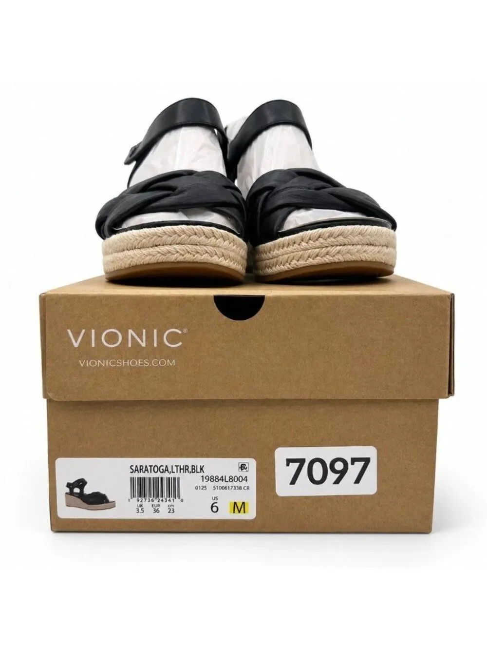 Vionic Saratoga Supportive Black Leather Espadrille Wedge Sandals Womens 6